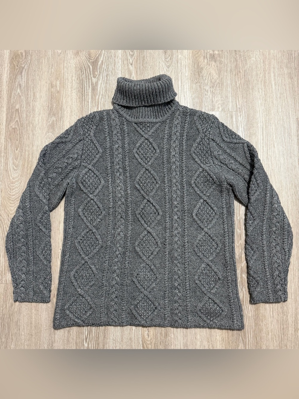 Vintage 90s Eddie Bauer Women’s M Wool Blend Cable Knit Turtleneck Sweater Gray